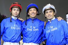 Lange her: Frankie Dettori im Godolphin-Dress, eingerahmt von Mickael Barzalona und Silvestre de Sousa. www.galoppfoto.de