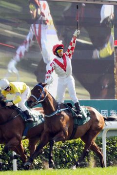 Brett Prebble zelebriert seinen Erfolg mit Lucky Nine im Cathay Pacific Hong Kong Sprint 2011. www.galoppfoto.de