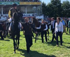 Machte das Tempo und wurde mit dem 5. Platz belohnt: Gestüt Brümmerhofs Aldenham mit einem breit grinsenden Jozef Bojko im Sattel. Foto: Dequia