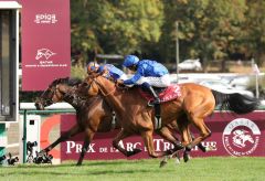 Spannendes Finish im Prix Vermeille: Einen Galoppsprung weiter war die Godolphin-Stute Kitesurf mit Mickael Barzalona (im Vordergrund mit dem blauen Dress) vorne. Foto: Dr. Jens Fuchs