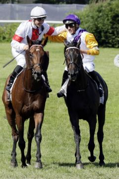 Der erste Gratulant: René Piechulek auf Alessio und der Derbysieger Sammarco mit Bauyrzhan Murzabayev. ©galoppfoto - Frank Sorge