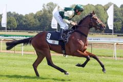 Silken Mary mit Bayarsaikhan Ganbat beim Aufgalopp in Hannover 2018. www.galoppfoto.de - Frank Sorge